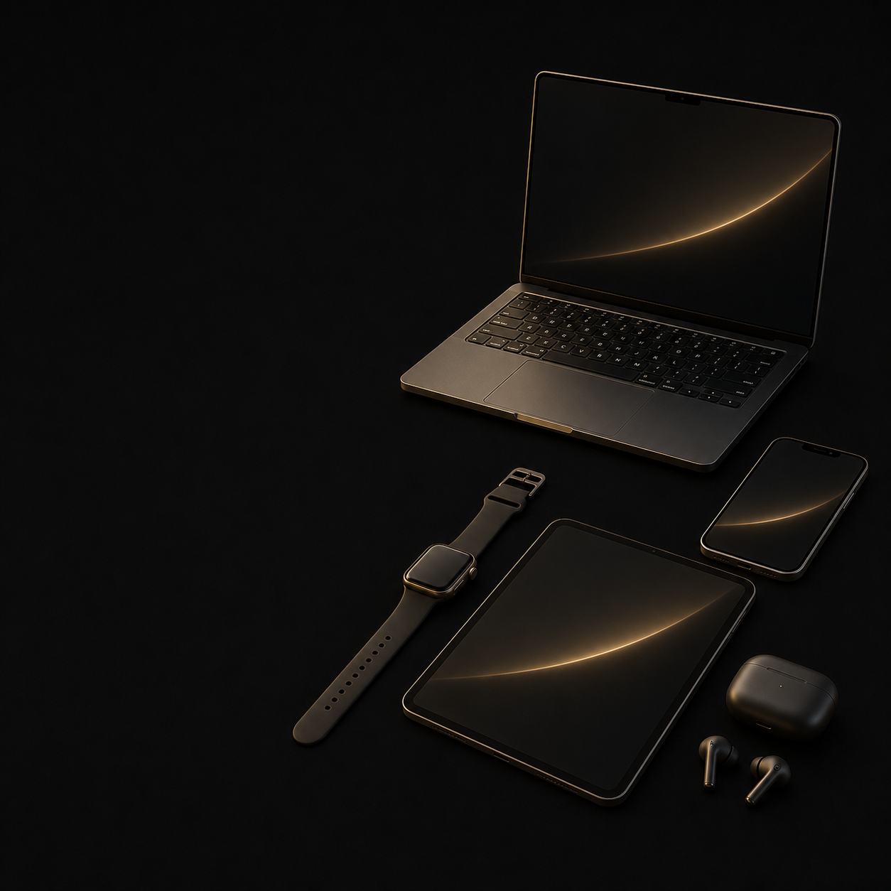 Composição premium de laptop, smartphone, relógio e fones